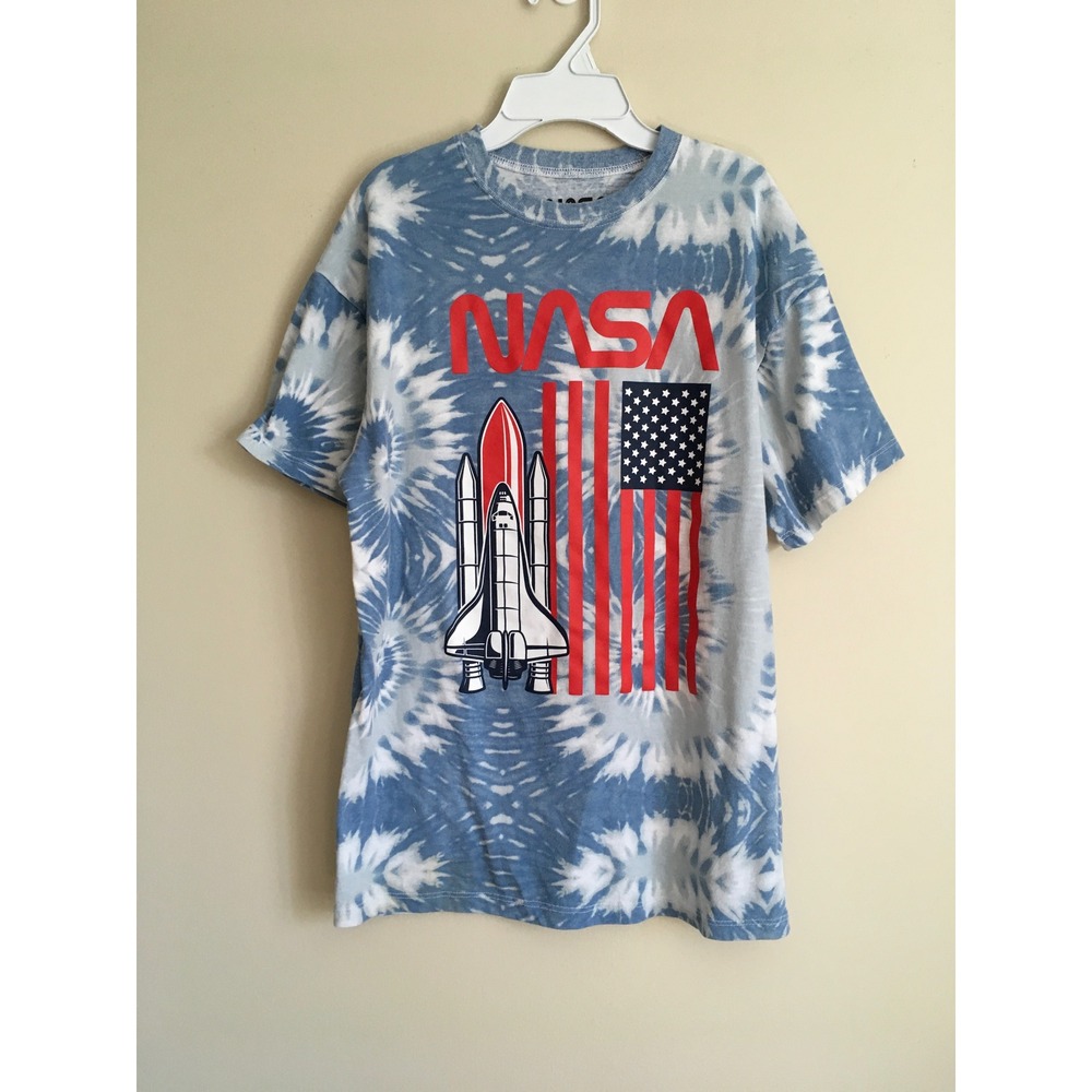 NASA Tie Dye Graphic T-Shirt Space Shuttle American Flag Blue White Small